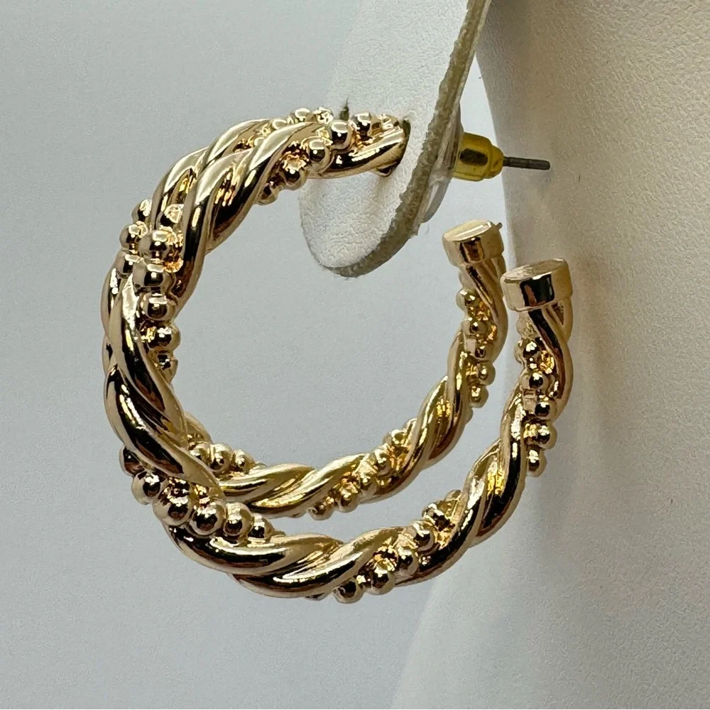 Gold Tone Twisted Hoop Earrings Textured Chunky Statement Hoops Modern